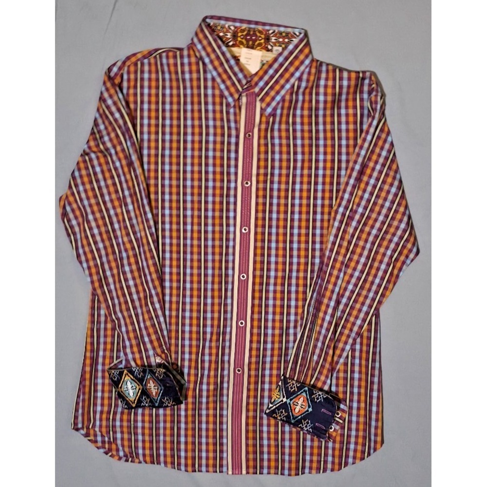 Robert Graham Euro Fit Button Up Shirt‎ Men's Gingham Long Sleeves Sz Large